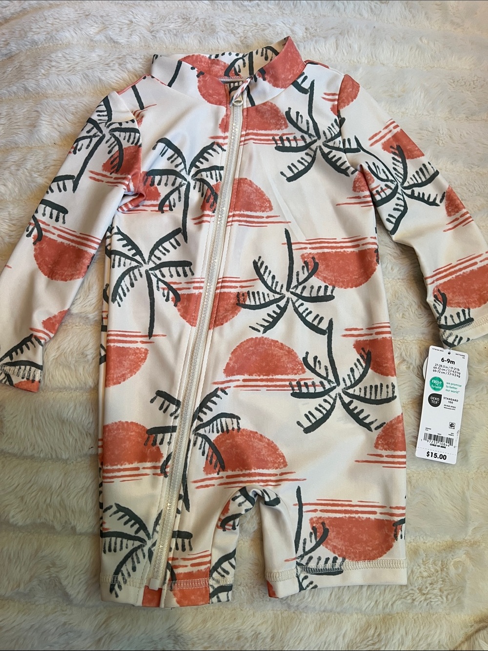 Carter's Cream One-Piece Swimsuit with Coral Sun & Black Palm Print